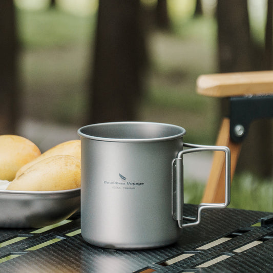 Boundless Voyage 420ml Titanium Camping Mug with Lid | 14.2oz Ultralight Single-Wall Backpacking Cup | Foldable Handle Coffee Mug & Outdoor Cooking Pot | Non-Toxic & BPA-Free