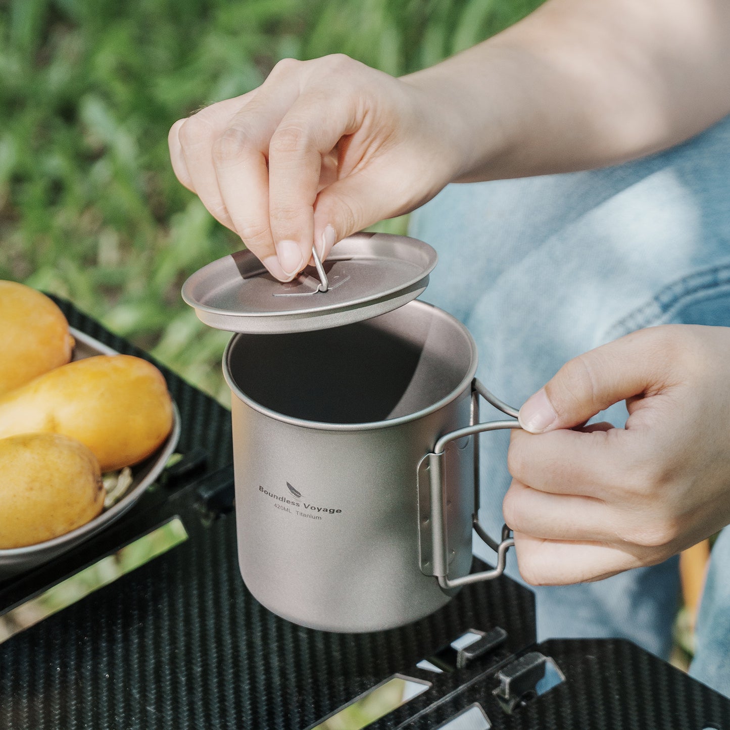 Boundless Voyage Outdoor Titanium Cup 420ml With Lid Camping Mug Foldable Handle Outdoor Hiking Ultralight Portable Water Coffee Tea Cup