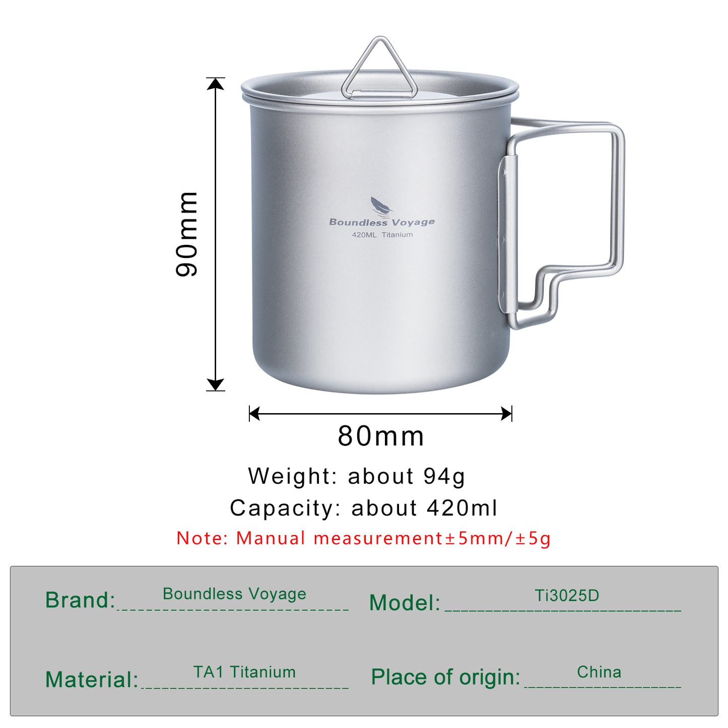 Boundless Voyage Outdoor Titanium Cup 420ml With Lid Camping Mug Foldable Handle Outdoor Hiking Ultralight Portable Water Coffee Tea Cup