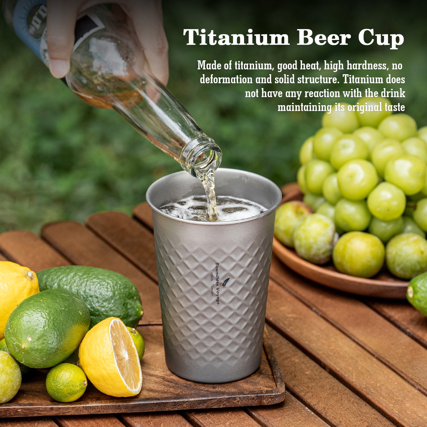 Boundless Voyage Titanium Stackable Cup 450ml – Ultralight Reusable Metal Drinking Glass for Beer, Juice, Camping & Outdoor Adventures