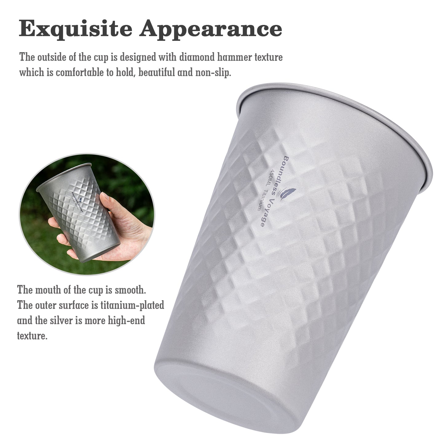 Boundless Voyage Titanium Stackable Cup 450ml – Ultralight Reusable Metal Drinking Glass for Beer, Juice, Camping & Outdoor Adventures