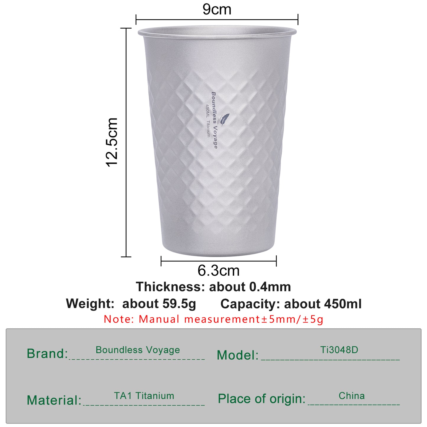 Boundless Voyage Titanium Stackable Cup 450ml – Ultralight Reusable Metal Drinking Glass for Beer, Juice, Camping & Outdoor Adventures