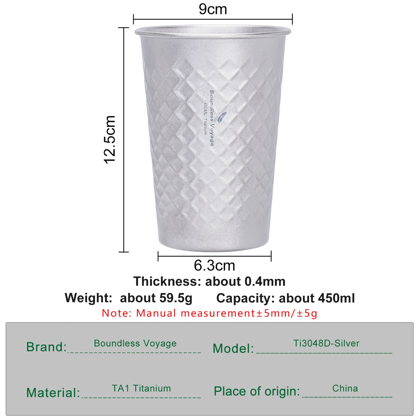 Boundless Voyage Titanium Cup 400ML Stackable Premium Metal Drinking Cups Reusable Beer Juice Cup Suitable for Home, Party, Camping, Outdoor