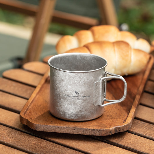Boundless Voyage 180ml Titanium Camping Cup with Folding Handle – Ultralight Mini Coffee Mug, Natural & Crystalline Finishes