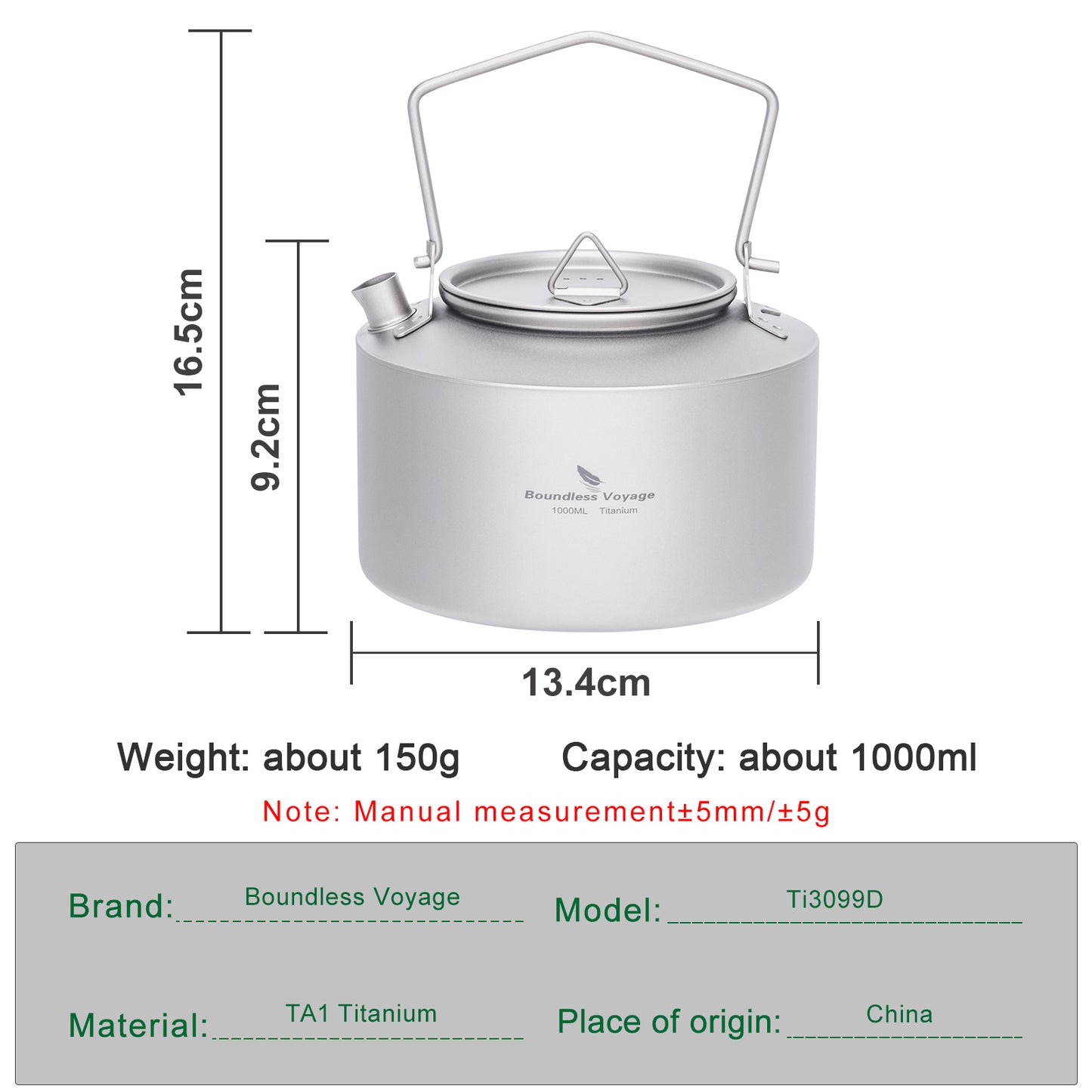 Boundless Voyage 1000ml Titanium Kettle with Folding Handle – Eco-Friendly, Lightweight & Durable | Ideal for Camping, Hiking & Outdoor Use