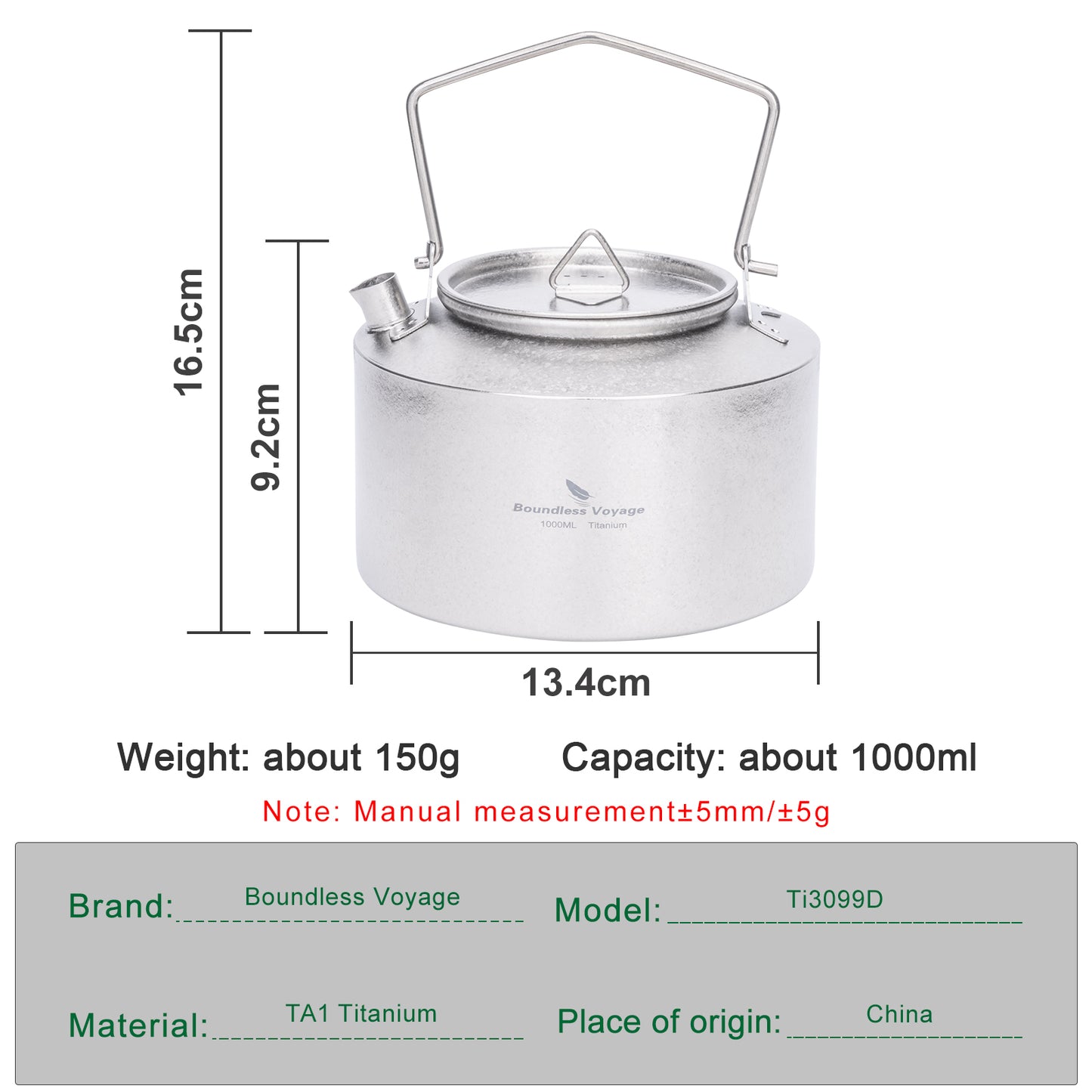 Boundless Voyage 1000ml Titanium Kettle with Folding Handle – Eco-Friendly, Lightweight & Durable | Ideal for Camping, Hiking & Outdoor Use