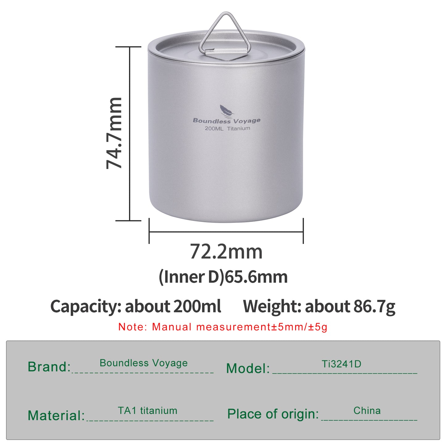 Boundless Voyage Titanium Double-wall Cup with Lid 200ml Ultralight Insulated Camping Mug