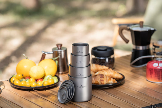 Boundless Voyage Titanium Double-Wall Cup Set – 120ml, 200ml, 300ml & 400ml Ultralight Insulated Camping Mugs with Lids