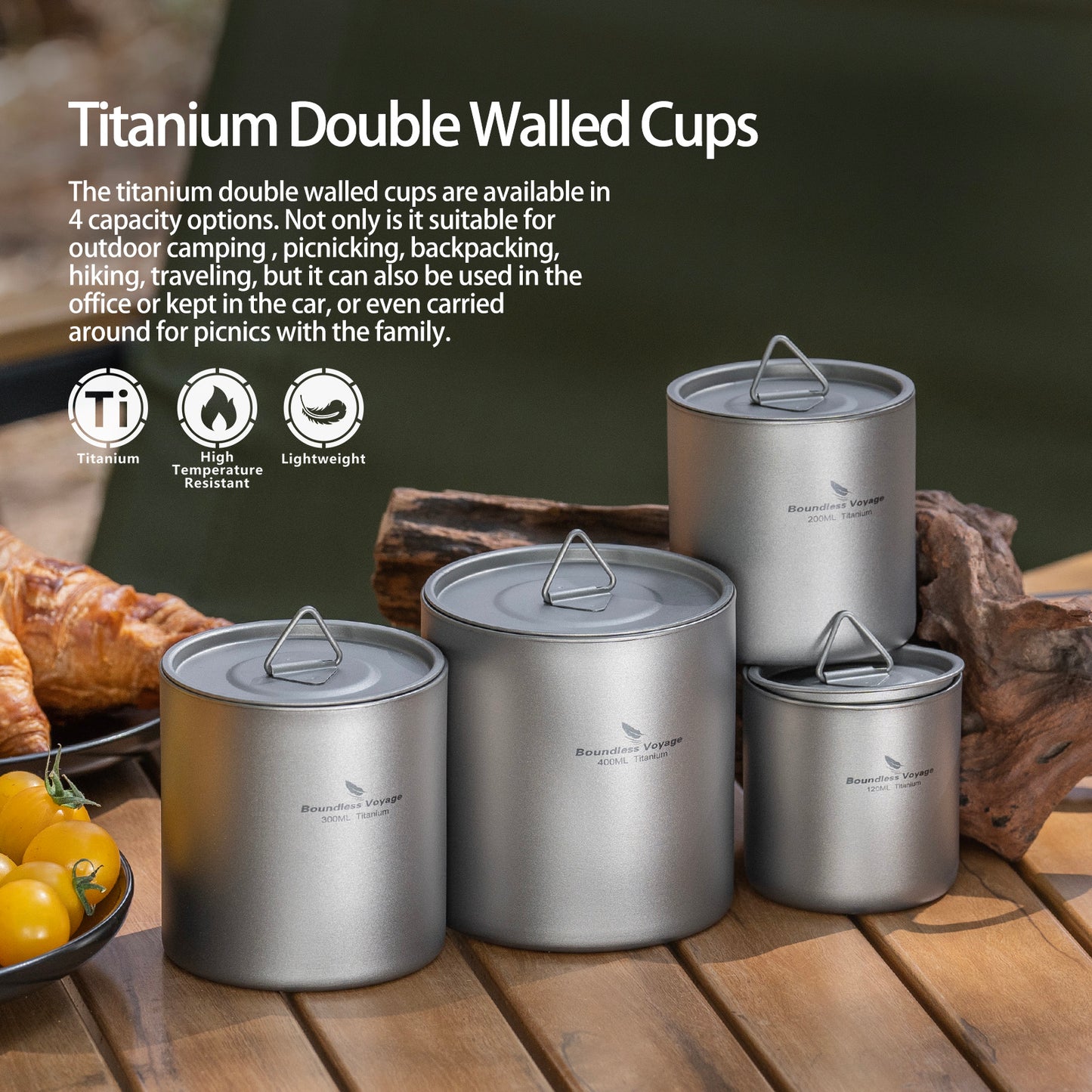 Boundless Voyage Titanium Double-wall Cup with Lid 120ml / 200ml / 300ml / 400ml Ultralight Insulated Camping Mug Set