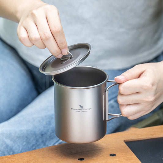 Boundless Voyage 450ml Titanium Camping Cup with Lid – Eco-Friendly, Stackable & Ultralight | Durable Mug Pot for Backpacking, Hiking & Travel