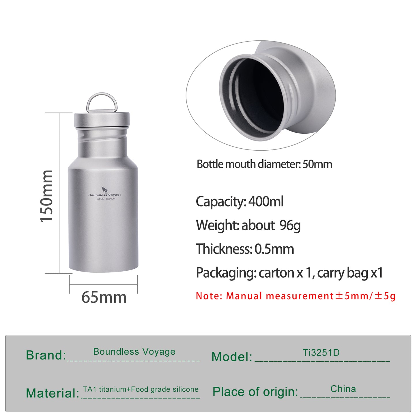 Boundless Voyage Titanium Water Bottle with Lid Wide Mouth Leak-Proof Reusable Sport Drinking Bottle for Camping Picnic Tea Coffee