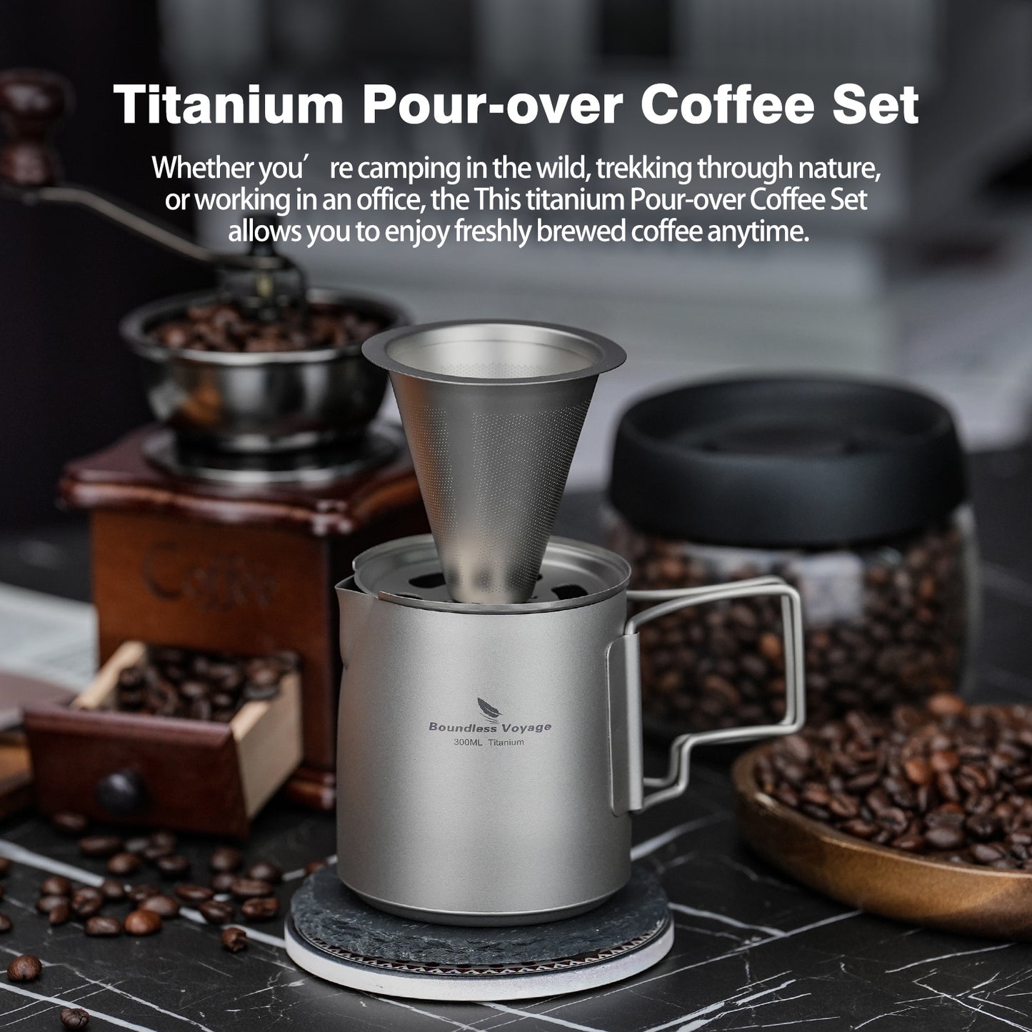 Boundless Voyage Titanium Pour Over Coffee Maker Set – 300ml Portable Camping Mug with Detachable Dripper