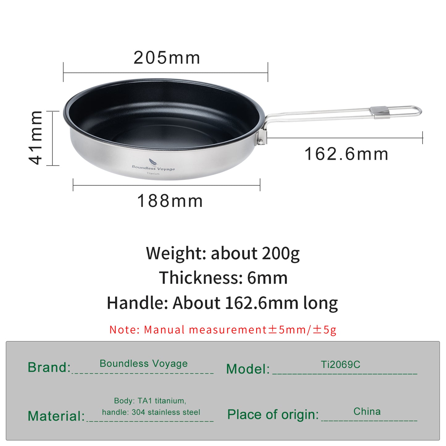 Boundless Voyage 900ml Titanium Non-stick Frying Pan with Ceramic Coating – Ultralight, Folding Handle Skillet for Outdoor Camping, Hiking & Picnic | Eco-Friendly, Durable & Portable Tableware