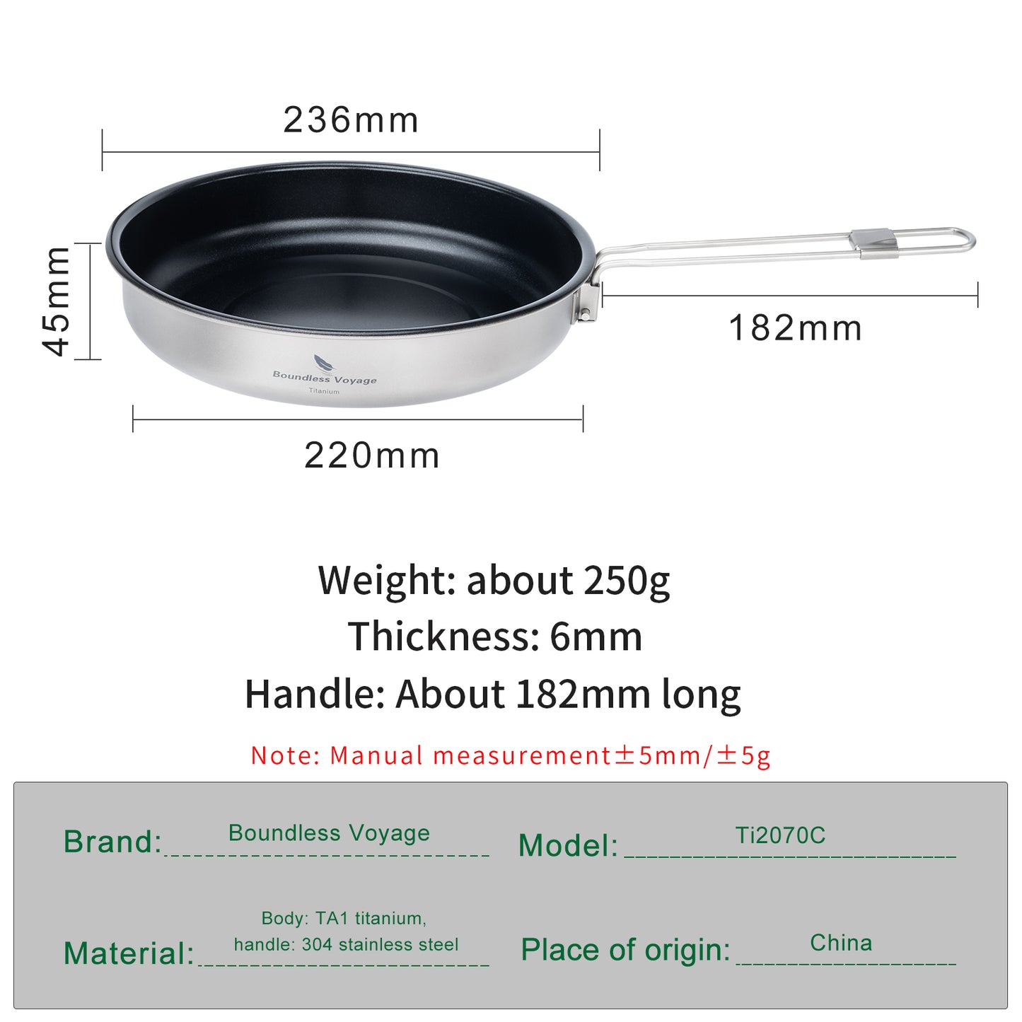 Boundless Voyage 220mm Titanium Non-stick Frying Pan – Ultralight Outdoor Camping Skillet with Folding Handle | Lightweight & Durable Cookware for Hiking & Travel