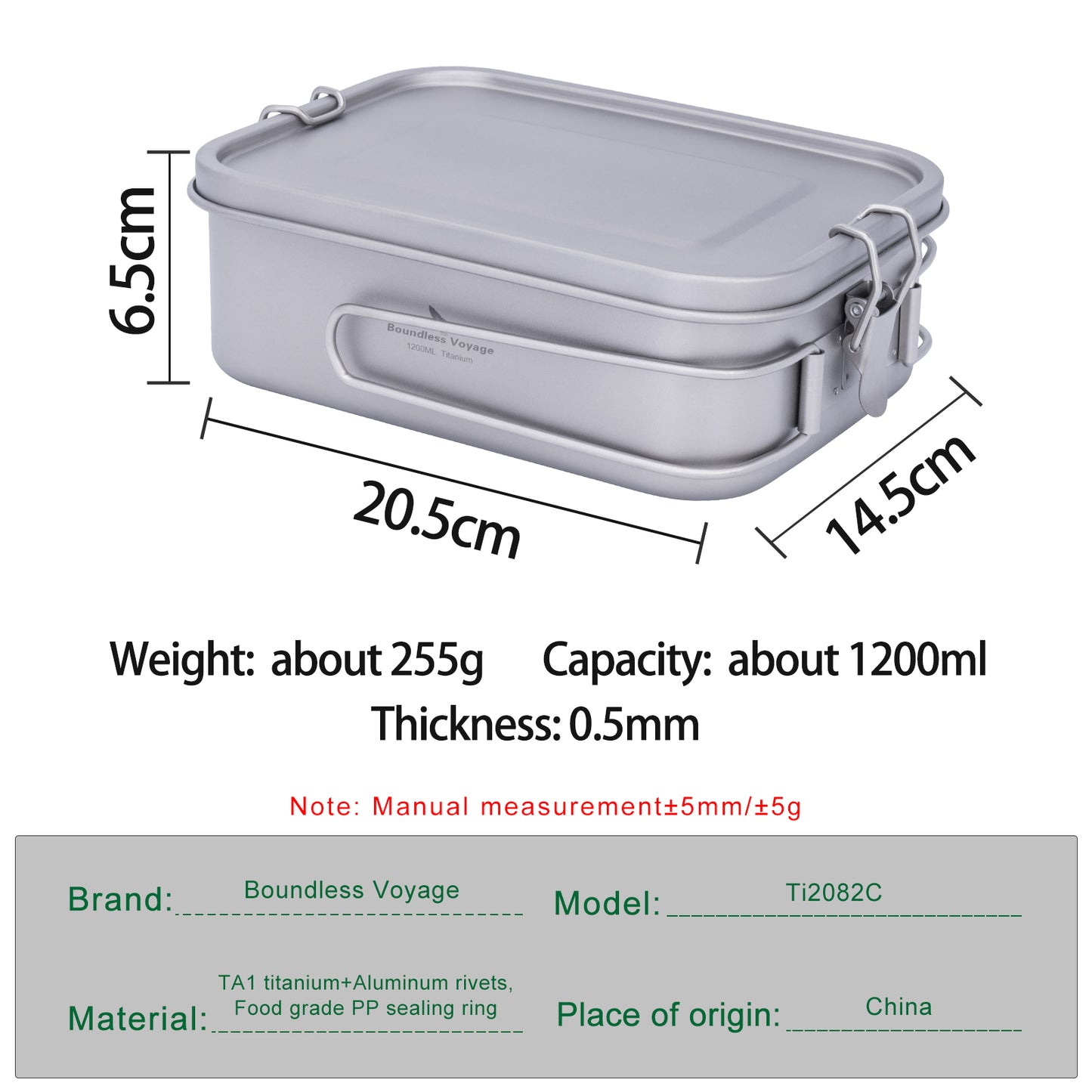 Boundless Voyage Titanium Mess Tin 1200ml with Lid & Folding Handle – Lightweight Leak-Proof Camping Lunch Box & Cookware for Outdoor Hiking & Backpacking