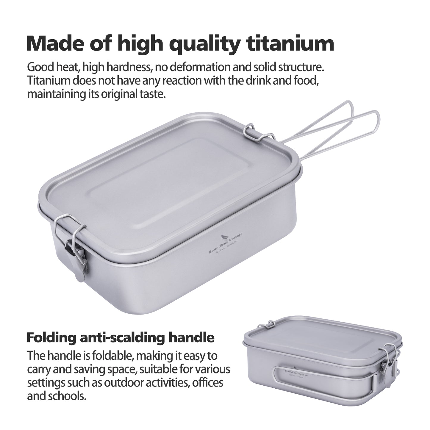 Boundless Voyage Titanium Mess Tin 1200ml with Lid & Folding Handle – Lightweight Leak-Proof Camping Lunch Box & Cookware for Outdoor Hiking & Backpacking