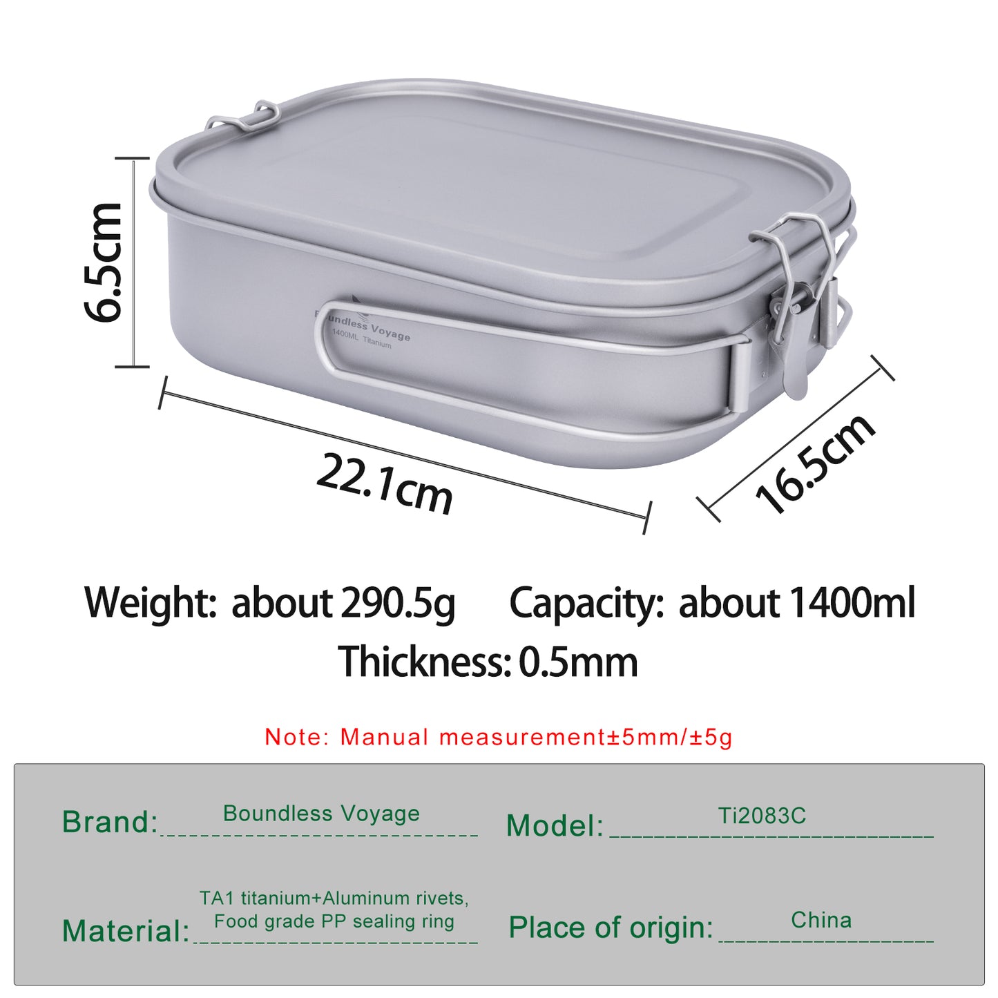 Boundless Voyage Titanium Bento with Lid & Handle Outdoor Camping Tableware Cookware Leak Proof Lunch Box Container