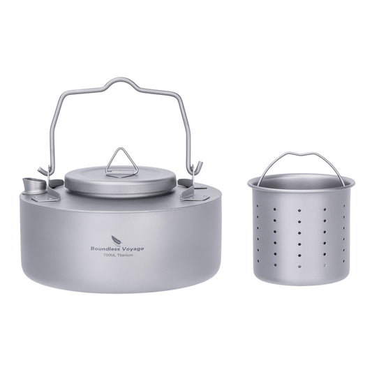Boundless Voyage 700ml Titanium Kettle with Strainer – Ultralight Camping Pot with Folding Handle for Open Fire & Bushcraft