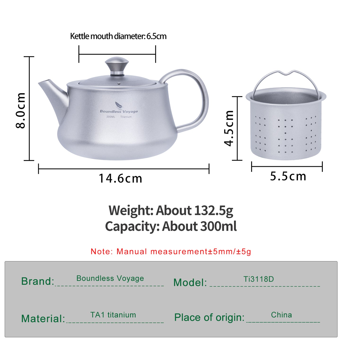 Boundless Voyage 300ml Titanium Kettle Portable Reusable Travel Coffee Tea Kettle