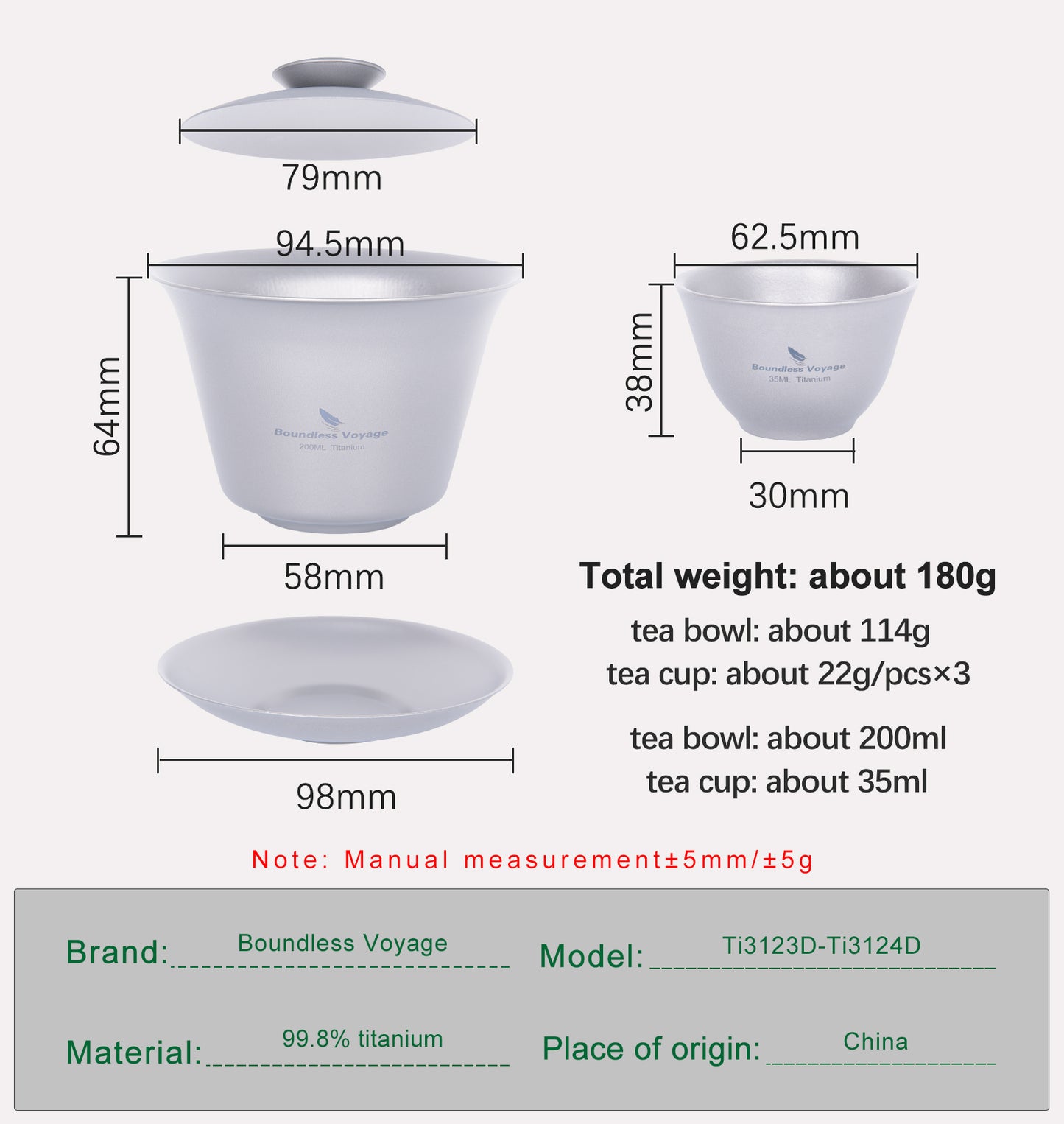 Boundless Voyage Titanium Gaiwan Kung Fu Tea Cup and Saucer with Lid Chinese Traditional Gaiwan Double Walled Durable Tea Bowl Teacup with Cover Lightweight Tea Set Outdoor Camping Portable Tureen