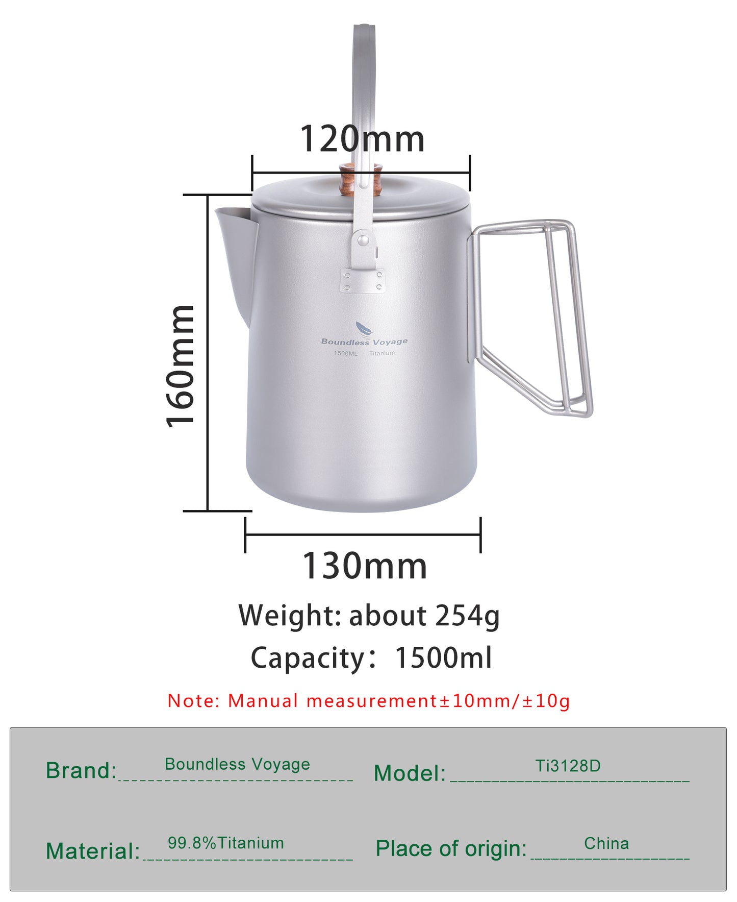 Boundless Voyage Outdoor Titanium Coffee Pot 1500ML Water Kettle for Outdoors Camping Home fit Fire Induction Cooker