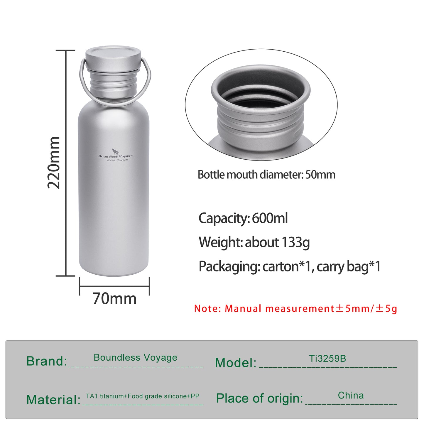 Boundless Voyage 600ml Titanium Water Bottle with Lid – Eco-Friendly, Leak-Proof & Reusable | Wide Mouth for Camping, Hiking & Daily Use