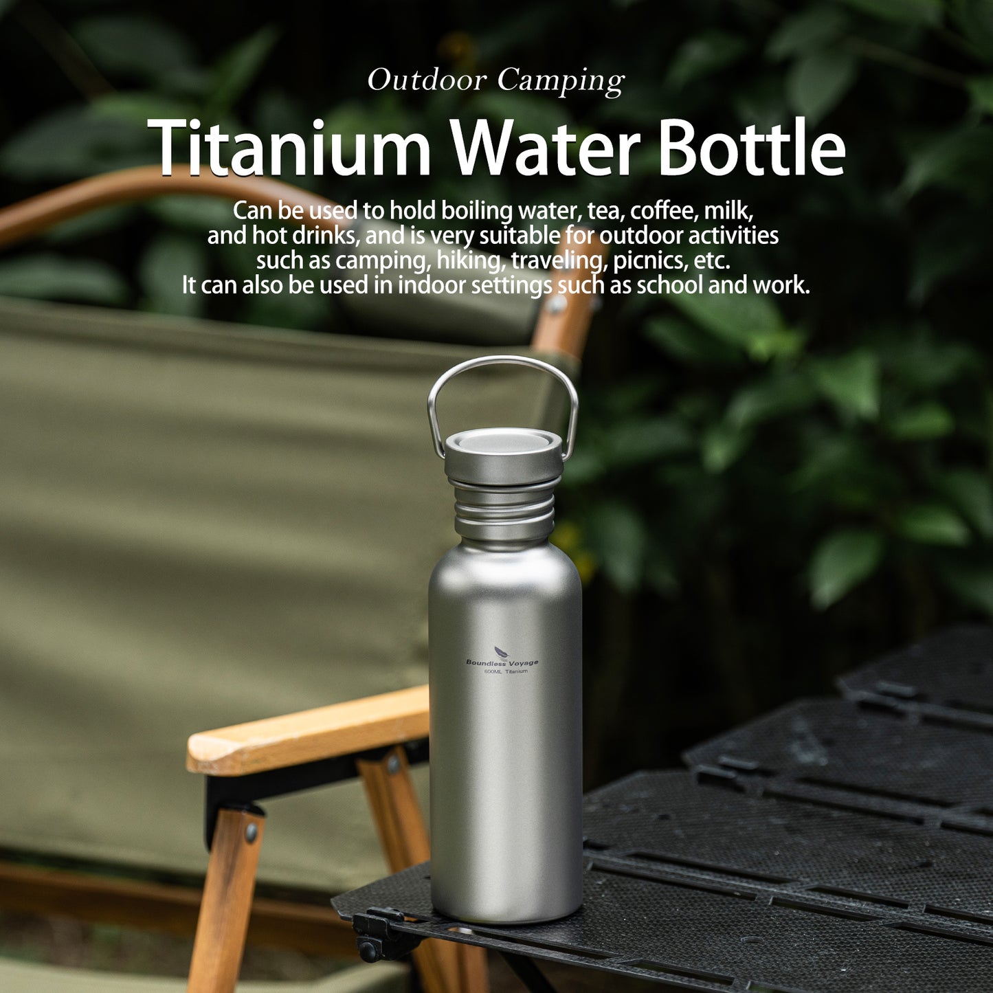 Boundless Voyage 600ml Titanium Water Bottle with Lid – Eco-Friendly, Leak-Proof & Reusable | Wide Mouth for Camping, Hiking & Daily Use