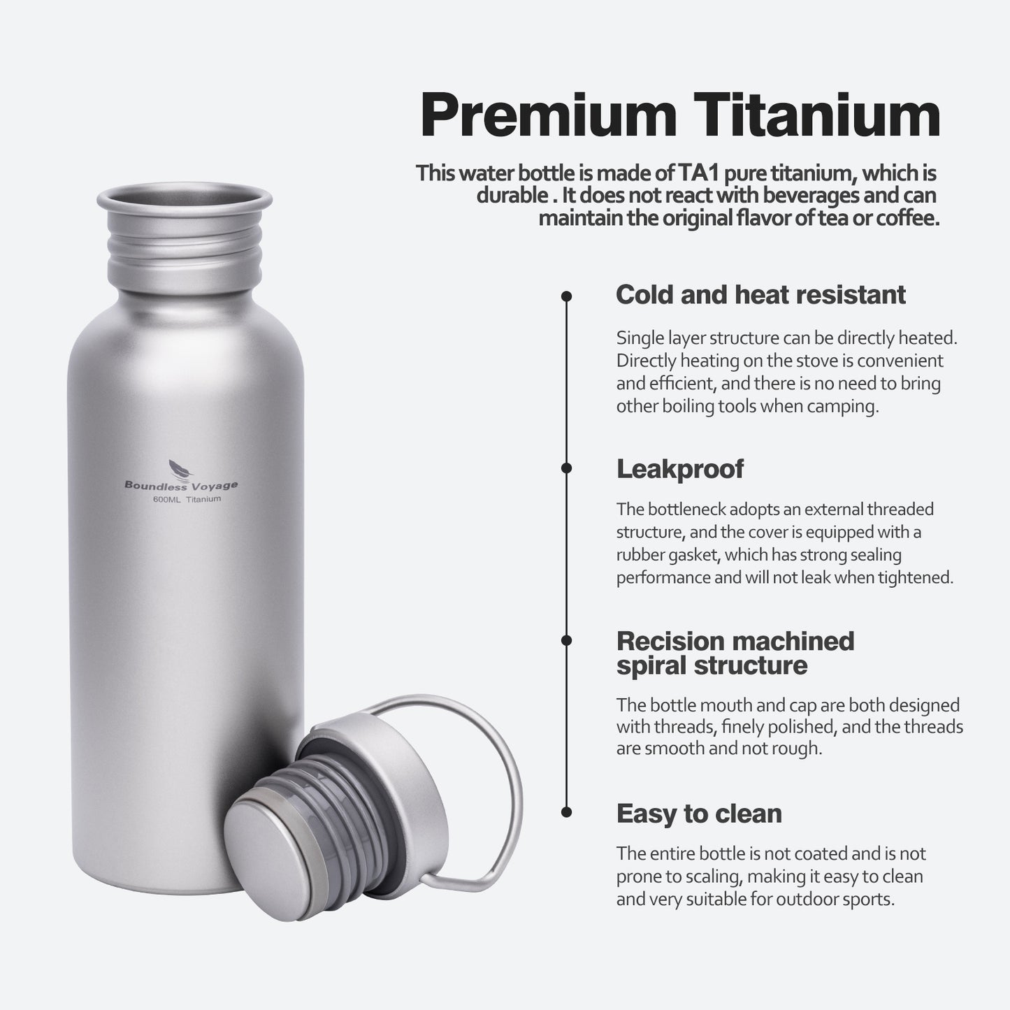 Boundless Voyage 600ml Titanium Water Bottle with Lid – Eco-Friendly, Leak-Proof & Reusable | Wide Mouth for Camping, Hiking & Daily Use