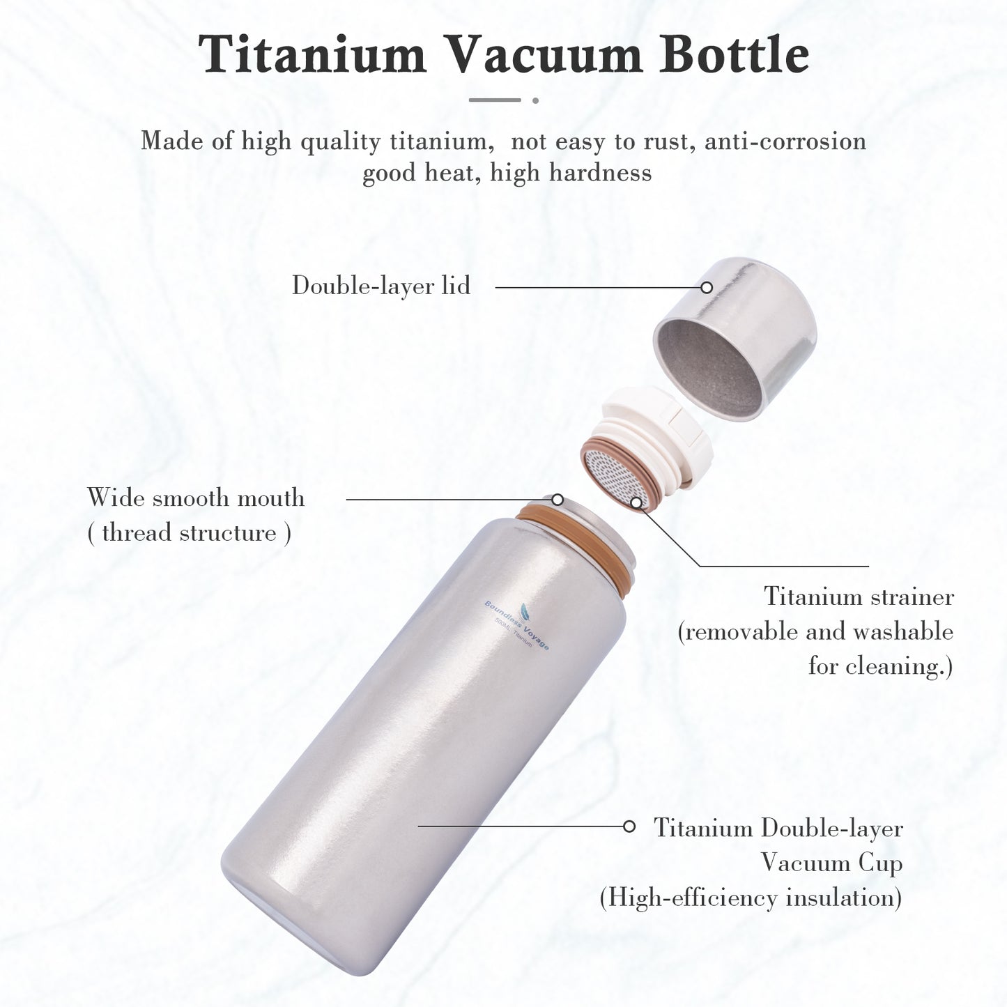 Boundless Voyage 500ml Titanium Bottle with Lid Double-Walled Insulated Water Bottle Keeps Hot or Cold