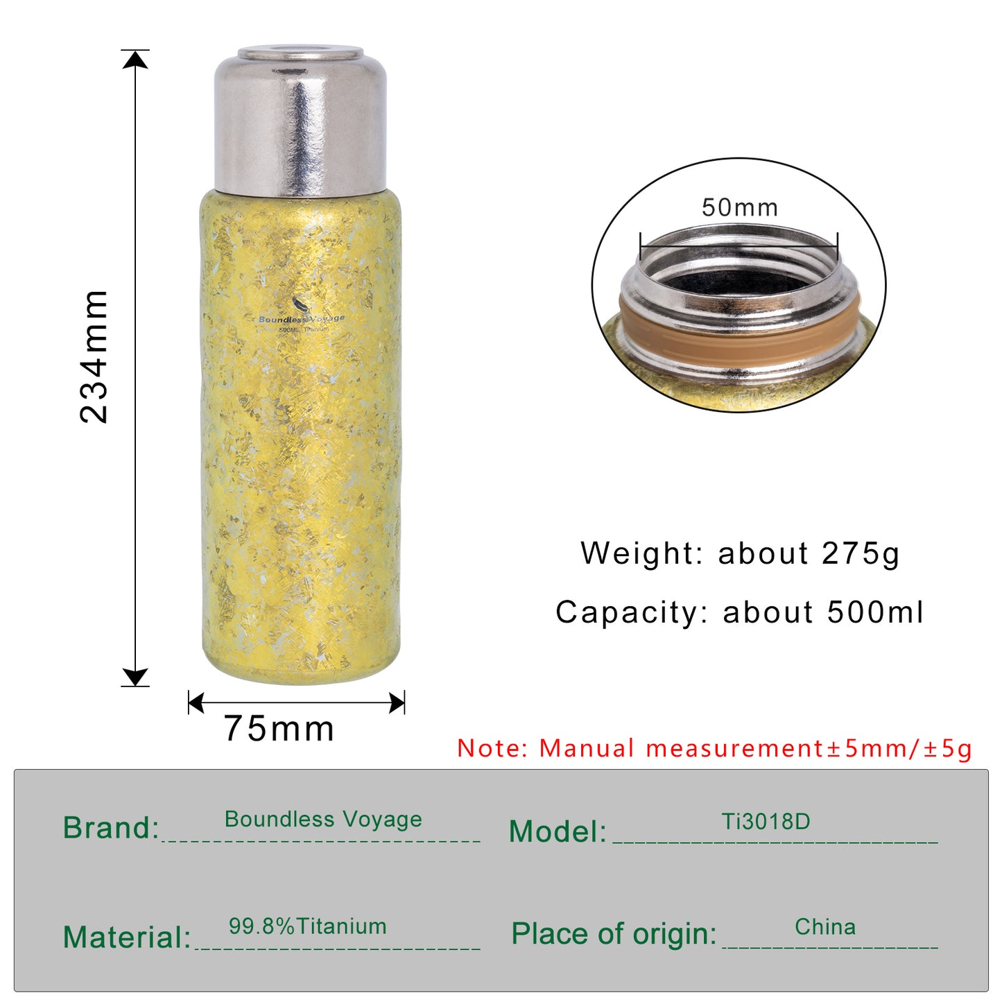 Boundless Voyage 500ML Titanium Thermos bottle with Lid Double-Walled Insulated Water Bottle Keeps Hot or Cold