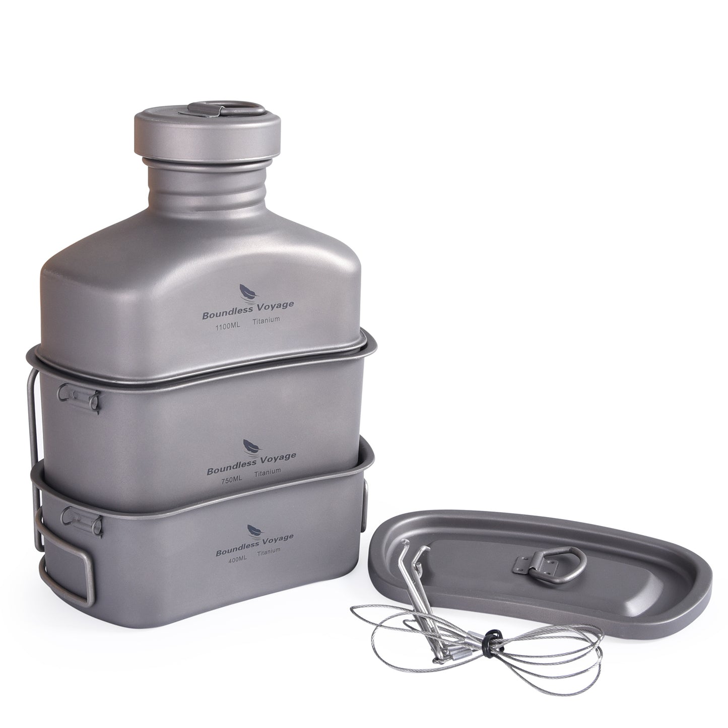 Boundless Voyage Titanium Military Canteen Set – Ultralight Outdoor Camping Mess Kit with Cups, Bowl & Kettle Water Bottle