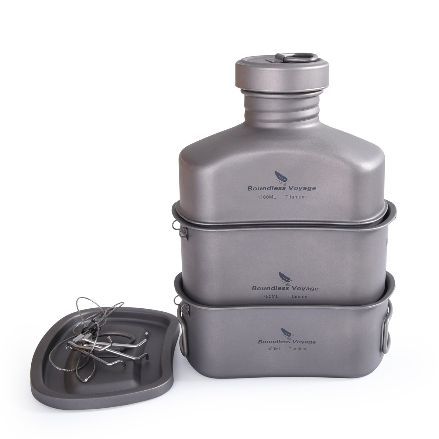 Boundless Voyage Titanium Military Canteen Set – Ultralight Outdoor Camping Mess Kit with Cups, Bowl & Kettle Water Bottle