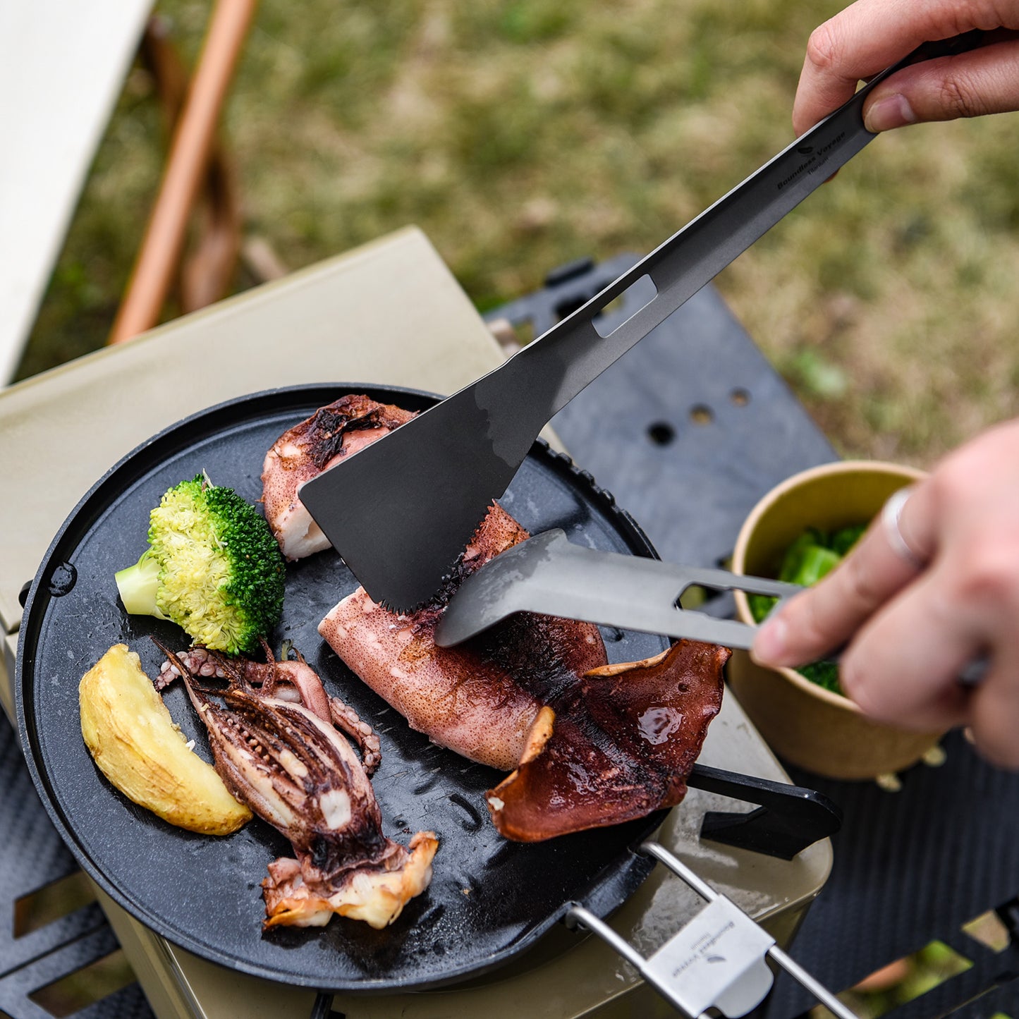 Boundless Voyage Titanium Alloy Tong, Spork,Shovel and Spatula All-In-One Utensil for Portable Lightweight Multi Utensil for Camping Kitchen Cookware