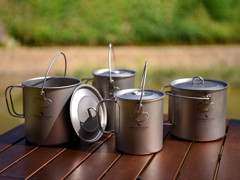 Boundless Voyage 750ml Titanium Camping Mug Pot with Lid – Ultralight Outdoor Cup with Folding Handle