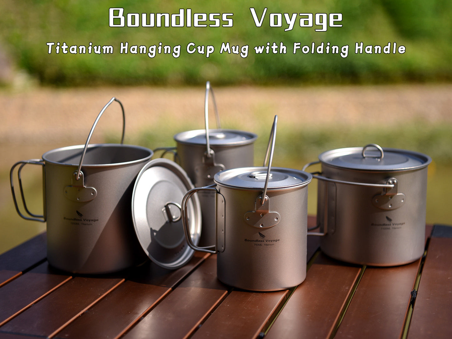 Boundless Voyage Outdoor Titanium Mug Hanging Cup 1100ml+lid Camping Pot with Lid Foldable Handle Outdoor Hiking Ultralight Portable Water Cup