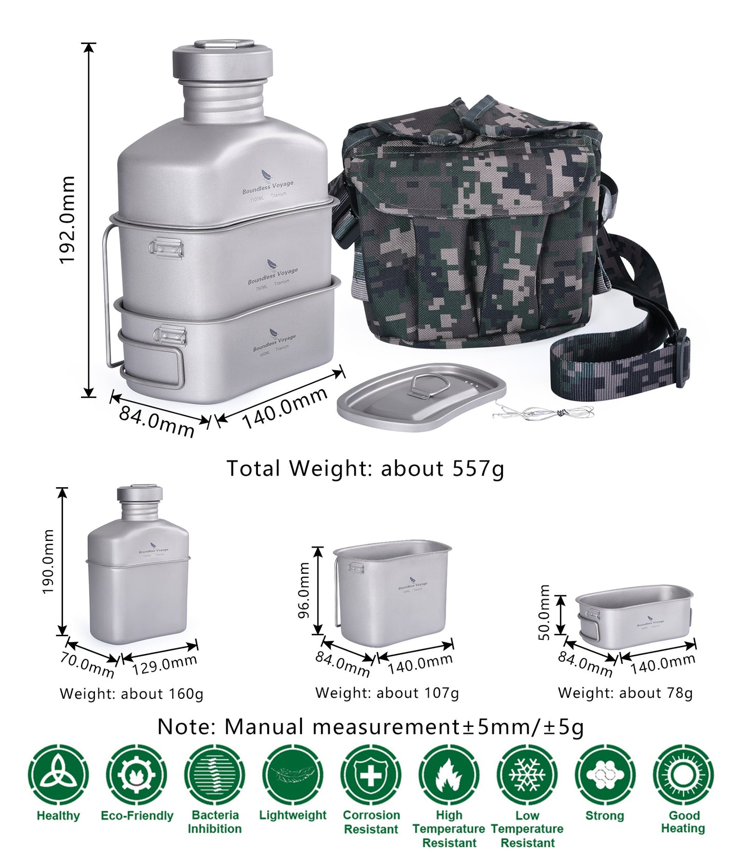 Boundless Voyage Titanium Military Canteen Set – Ultralight Outdoor Camping Mess Kit with Cups, Bowl & Kettle Water Bottle