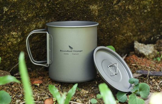 Boundless Voyage 450ml Titanium Cup with Lid | 15.2oz Ultralight Single-Wall Camping Mug | Foldable Handle Coffee Mug & Outdoor Cooking Pot | Non-Toxic & BPA-Free