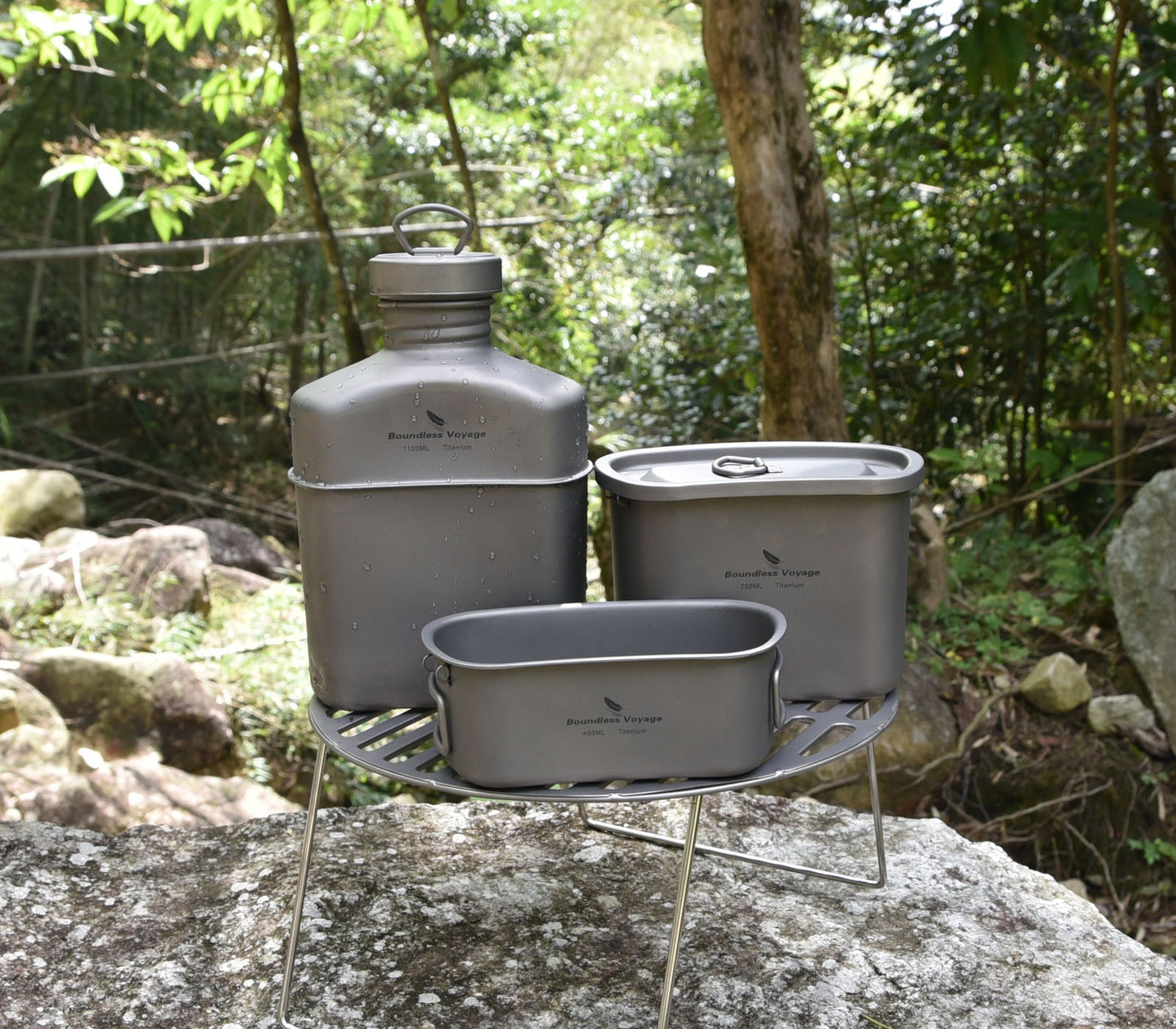 Boundless Voyage Titanium Military Canteen Set – Ultralight Outdoor Camping Mess Kit with Cups, Bowl & Kettle Water Bottle