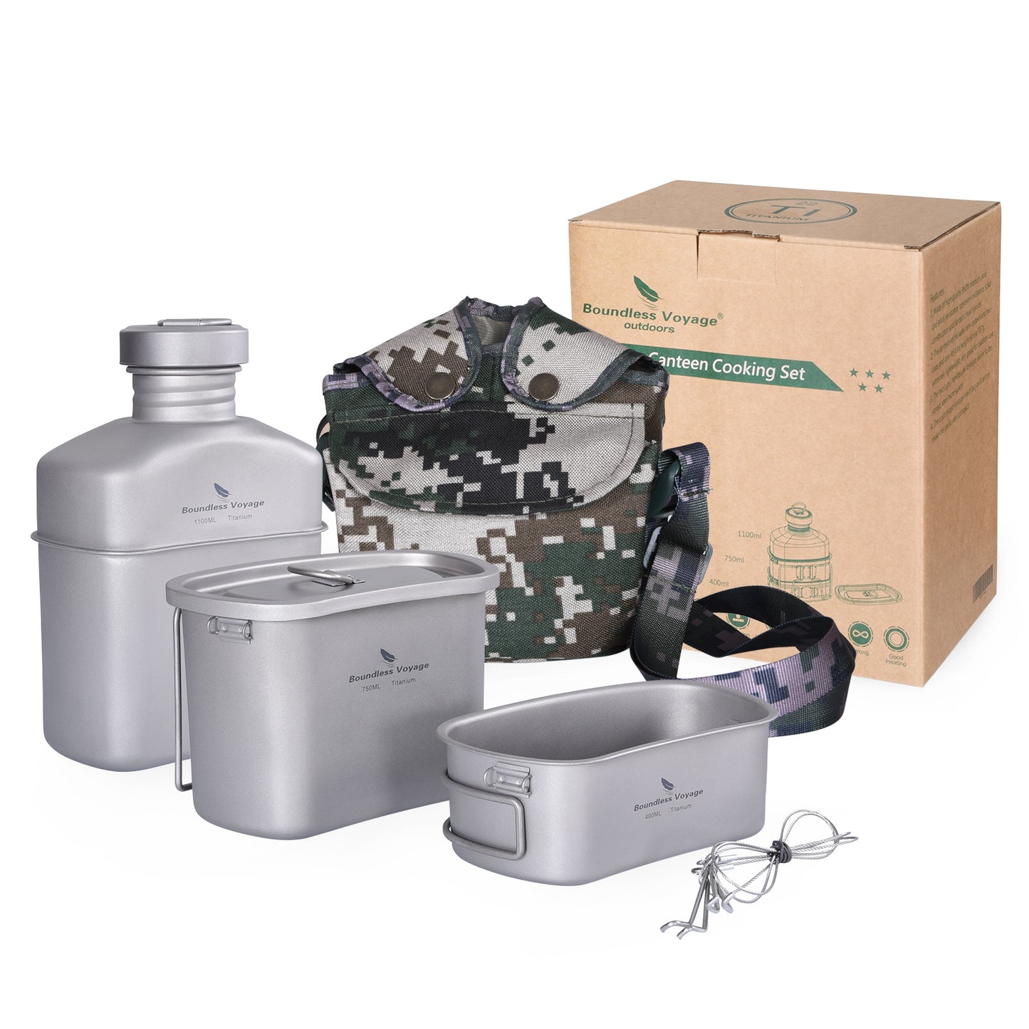 Boundless Voyage Titanium Military Canteen Set – Ultralight Outdoor Camping Mess Kit with Cups, Bowl & Kettle Water Bottle