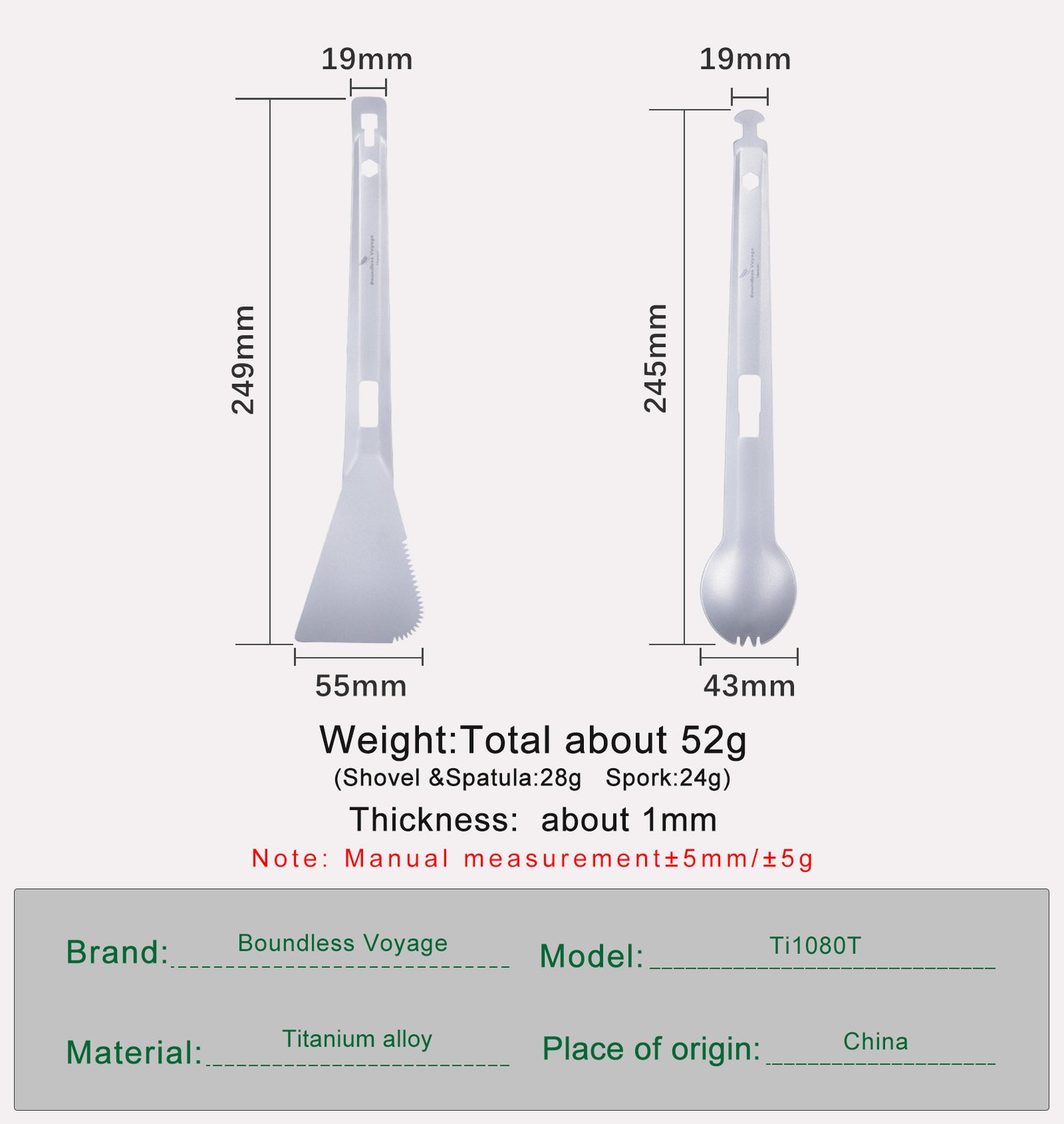 Boundless Voyage Titanium Alloy Tong, Spork,Shovel and Spatula All-In-One Utensil for Portable Lightweight Multi Utensil for Camping Kitchen Cookware