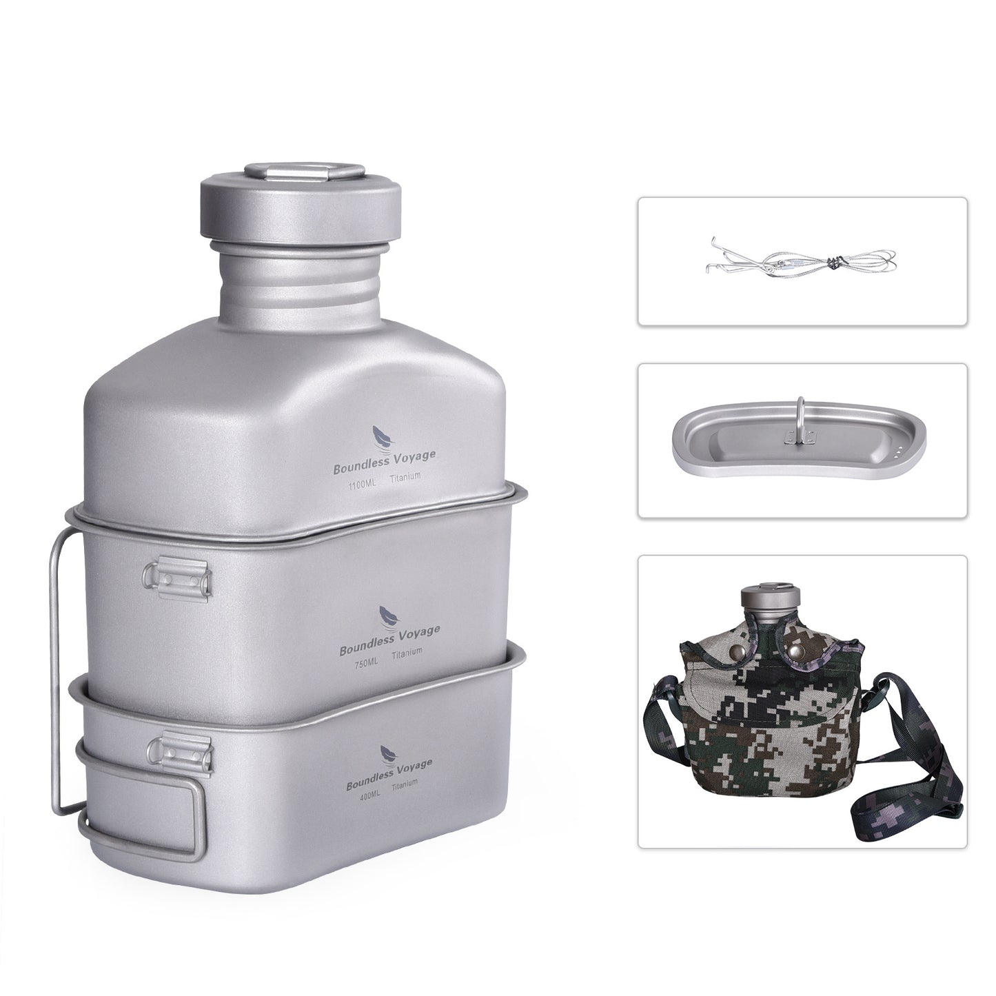 Boundless Voyage Titanium Military Canteen Set – Ultralight Outdoor Camping Mess Kit with Cups, Bowl & Kettle Water Bottle