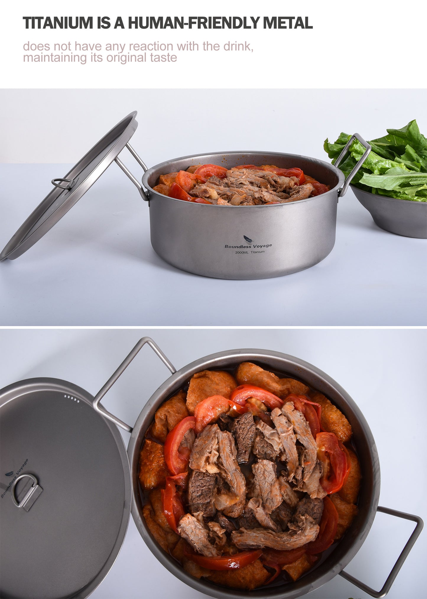 Boundless Voyage 2L TA1 Titanium Stock Pot with Lid – Ultralight Large-Capacity Camping Soup Pot with Folding Handle for Hiking & Outdoor Cooking