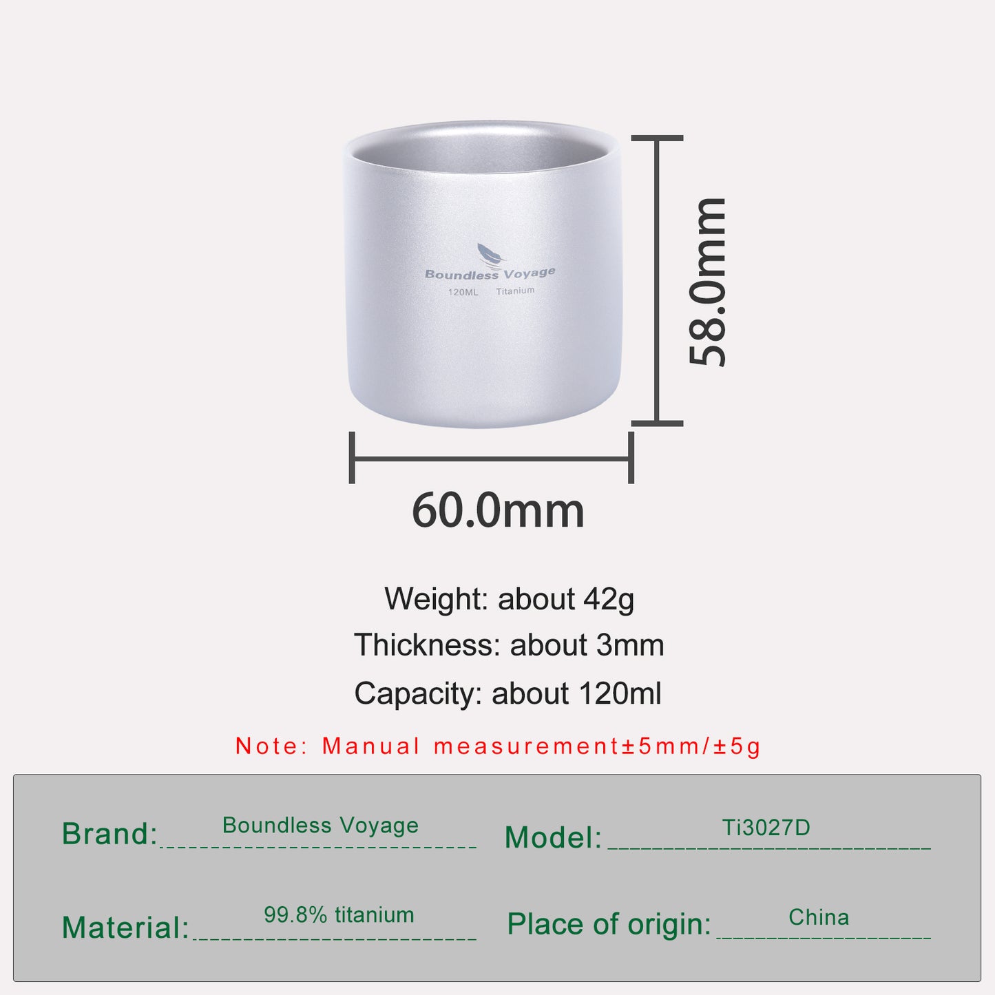 Boundless Voyage Double Walled Titanium Coffee Cup Insulated Outdoor Camping Tea Mug Tableware 120ml