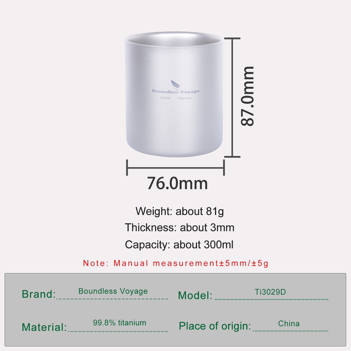 Boundless Voyage Double Walled Titanium Coffee Cup Insulated For Outdoor Camping Mug Tableware 300ml
