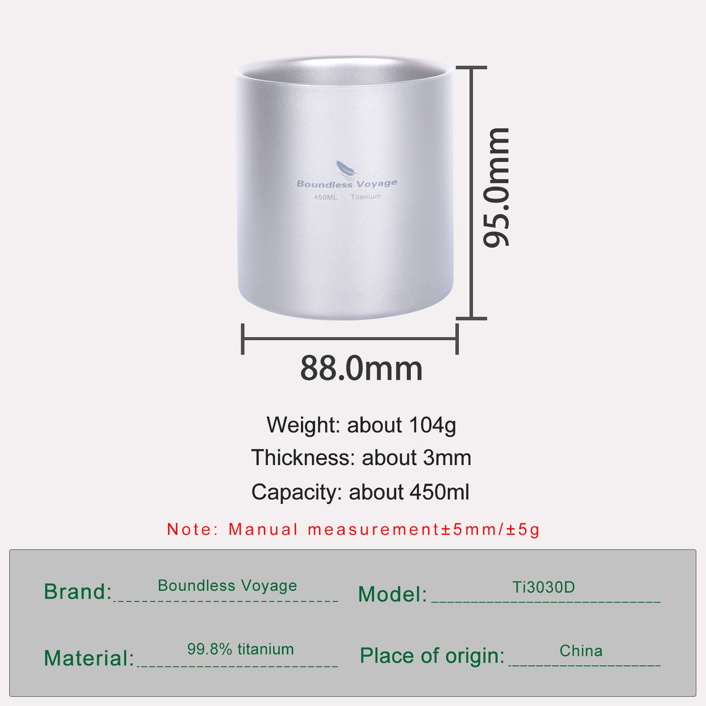 Boundless Voyage Double Walled Titanium Coffee Cup Insulate For Outdoor Camping Lightweight Tea Mug 450ml