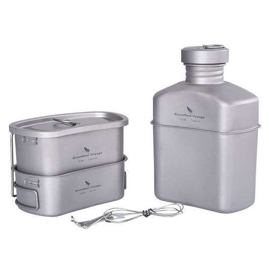 Titanium canteen cooking set with nesting cups for camping