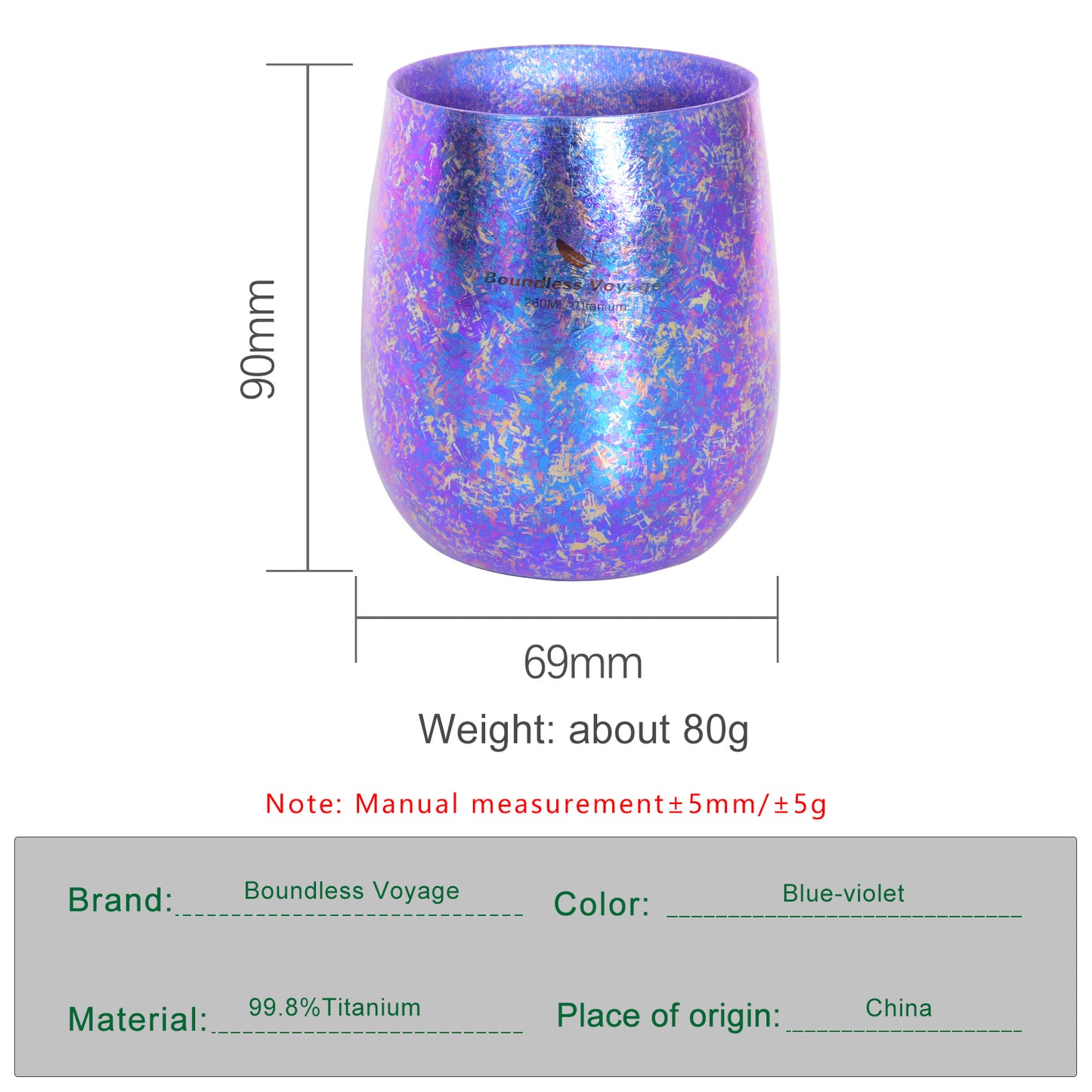 Boundless Voyage 260ml Double-Wall Titanium Cup – Colorful Insulated Mug with Ice Texture, Ultralight TA1 Titanium Coffee Tea Cup for Camping, Beer & Travel