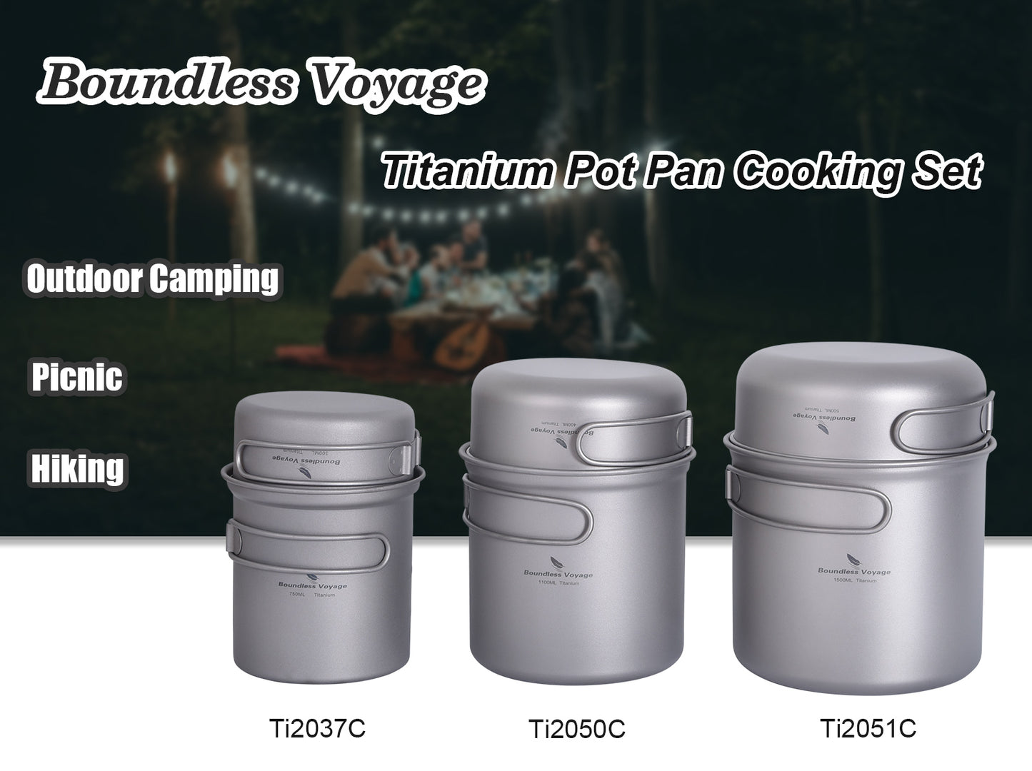 Boundless Voyage Titanium Pot Pan Set 400ml+500ml+1100ml+1500ml– Ultralight Camping Cookware (1100ml / 1500ml), Nesting TA1 Titanium Mug Plate Set for Backpacking & Hiking