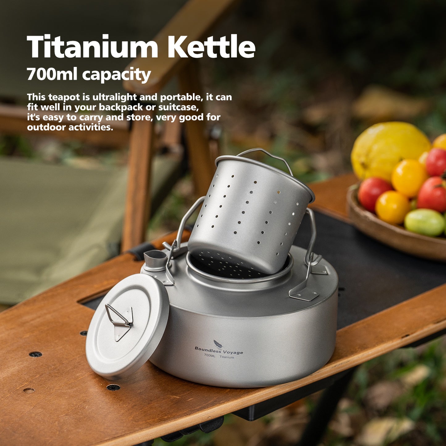 Boundless Voyage 700ml Titanium Kettle with Strainer – Ultralight Camping Pot with Folding Handle for Open Fire & Bushcraft