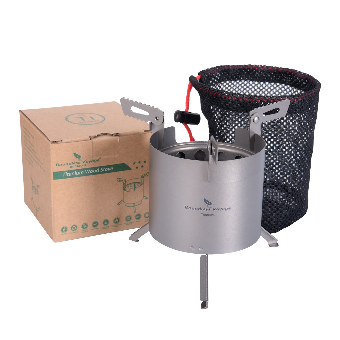 Boundless Voyage Camping Titanium Wood Stove With Removable Pot Stands Folding Legs Outdoor Double-wall Furnace